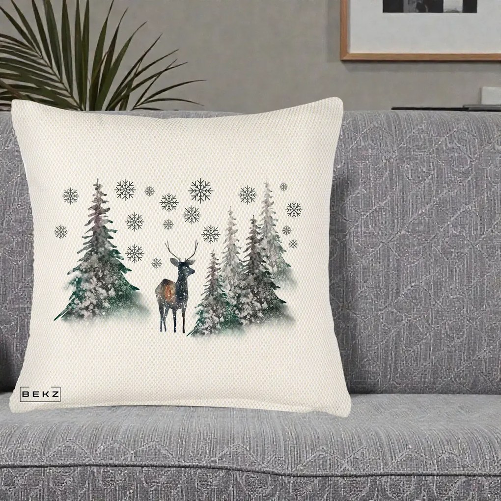 Perna Decorativa Ren in Padure Inzapezita, 40x40 cm, Crem Reliefat, Husa Detasabila, Perna Inclusa, BEKZ®