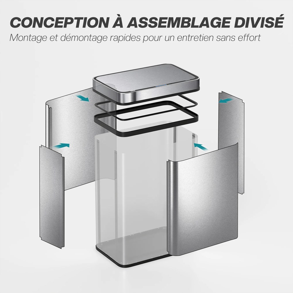 HOMCOM Coș de gunoi cu senzor 50 L cu capac cu închidere silențioasă, coș de gunoi automat din oțel inoxidabil, argintiu | Aosom Romania