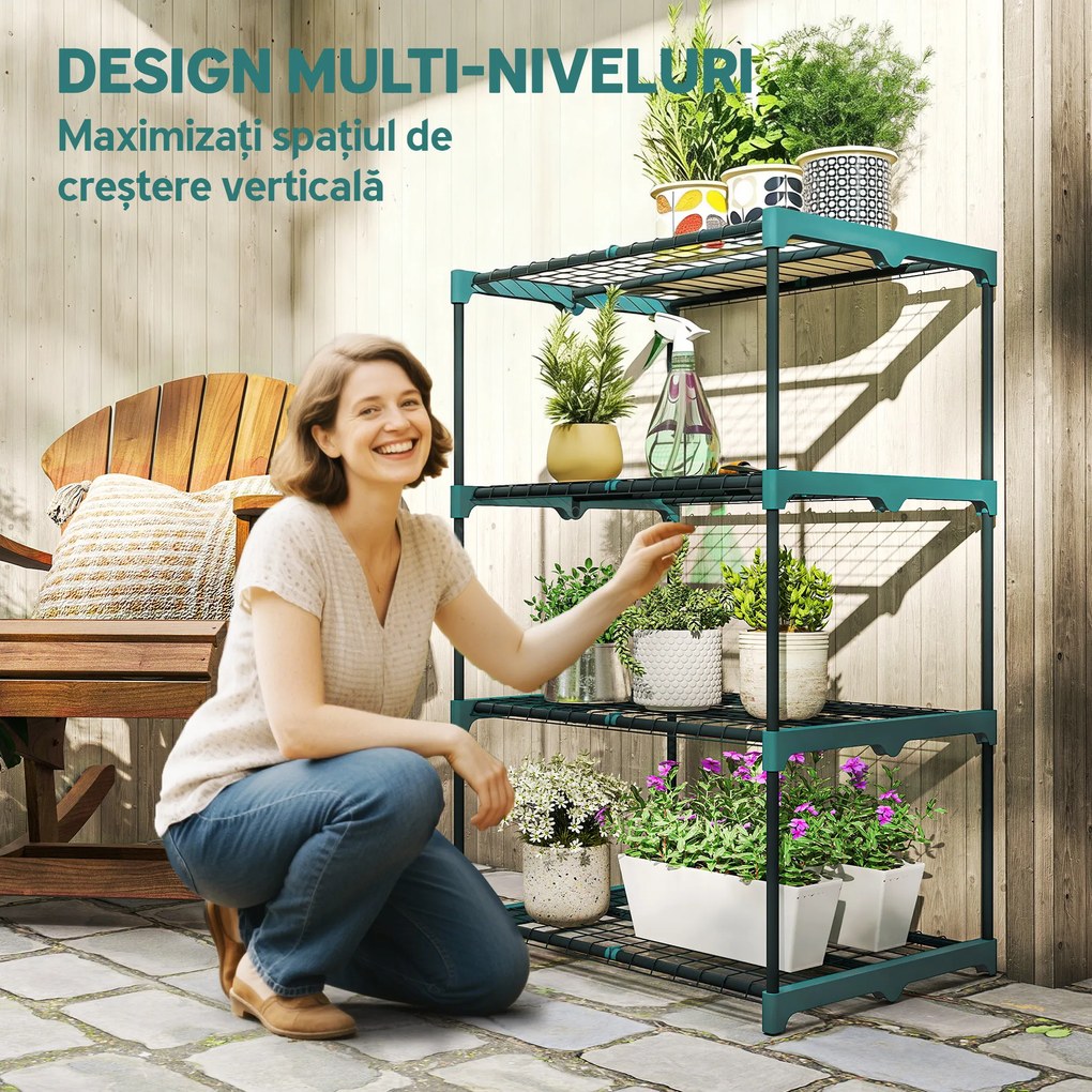 Outsunny Suport Vertical pentru Plante cu 4 Niveluri din Oțel și Plastic, Suport pentru Ghivece de Interior și Exterior, Grădină, Balcon, 67x49x105 cm, Verde Închis | Aosom Romania