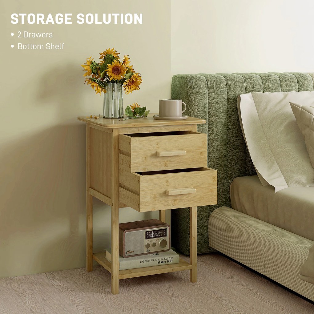 HOMCOM Noptiere, 2 piese, cu 2 Sertare și Poliță de Jos în Stil Nordic, Noptiere Moderne din Bambus, 40x34x60 cm, Lemn Natural | Aosom Romania