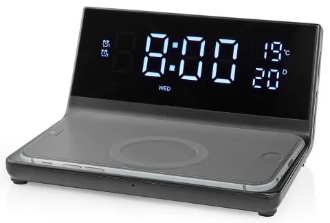 Nedis WCACQ20BK - Ceas cu alarmă, ecran LCD și încărcător wireless 15W/5V negru