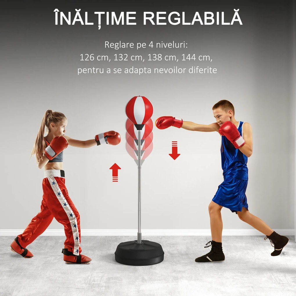 HOMCOM Sac de Box de Podea cu Înălțime Reglabilă, Mănuși de Box și Bază Umplută, 43x43x126-144 cm, Roșu | Aosom Romania