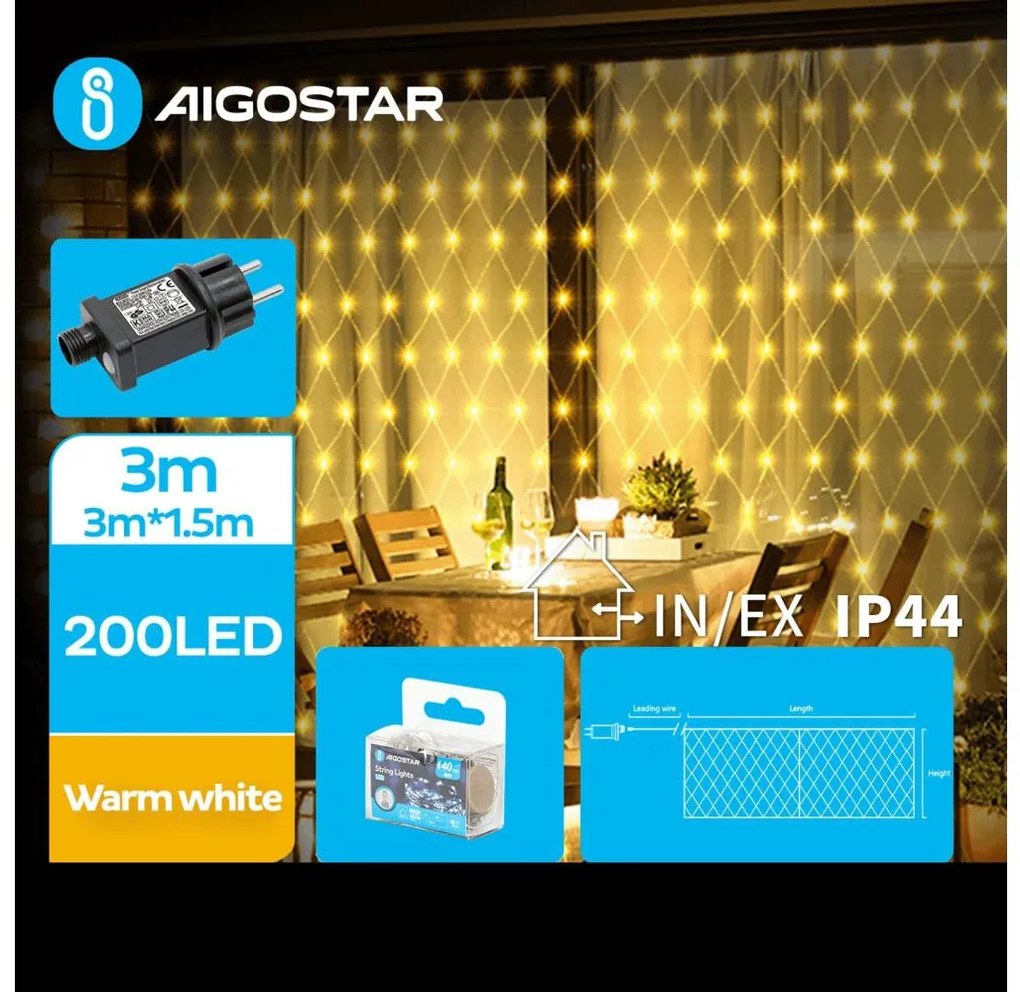 Instalație LED de Crăciun de exterior Aigostar 200xLED/8 funcții 6x1,5m IP44 alb cald