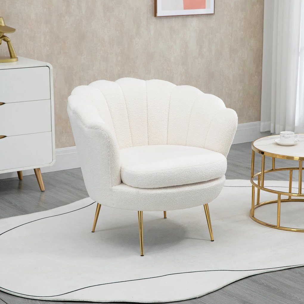 HOMCOM Scaun capitonat în formă de scoică, Scaun de relaxare, Scaun de relaxare, Piciorușe metalice cu aspect de aur, 79L x 77B x 77H cm, Alb | Aosom Romania