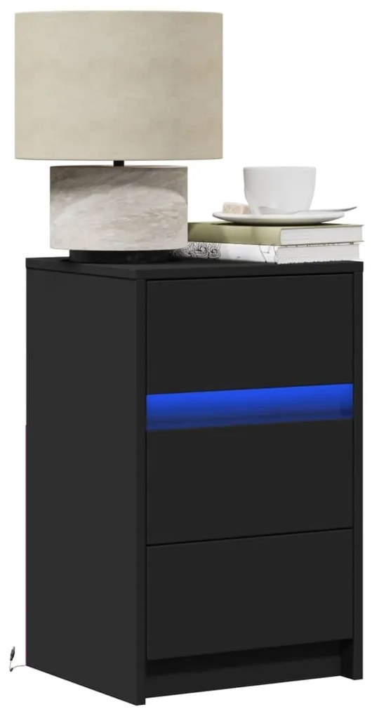 vidaXL Noptieră cu lumini LED, negru, lemn prelucrat