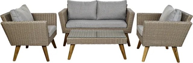 Set lounge exterior din rattan sintetic și structură din lemn și oțel cu canapea, 2 fotolii, masă și perne, finisaj bej-gri, „Zahara