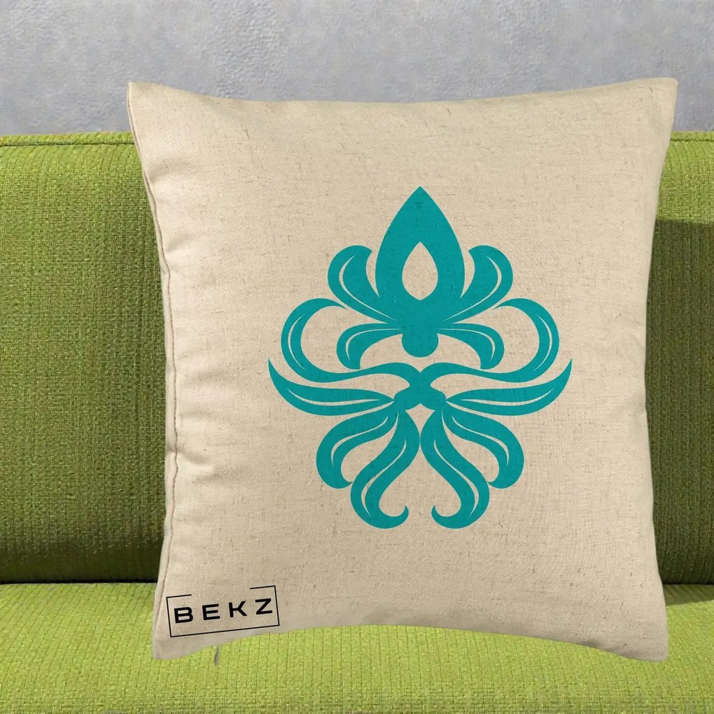 Perna Decorativa Ornament Turcoaz Fleur de Lis, 40x40 cm, Bej, Husa Detasabila, Perna Inclusa, BEKZ®