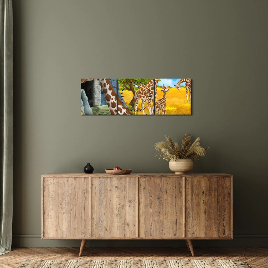 Tablou - Familia girafelor (cu ceas) (90x30 cm)