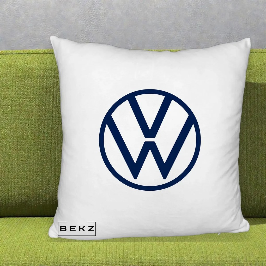 Perna Personalizata cu emblema Volkswagen, 40x40 cm, Alb Pufos, Husa Detasabila, Perna Inclusa, BEKZ®