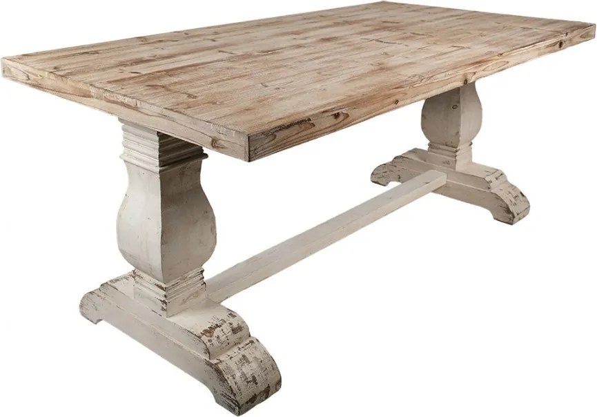 Masă dining shabby chic dreptunghiulară din lemn, natur, 8 locuri, cu bază balustru, finisaj alb antichizat, 80 x 190 x 101 cm, „Belle Époque”
