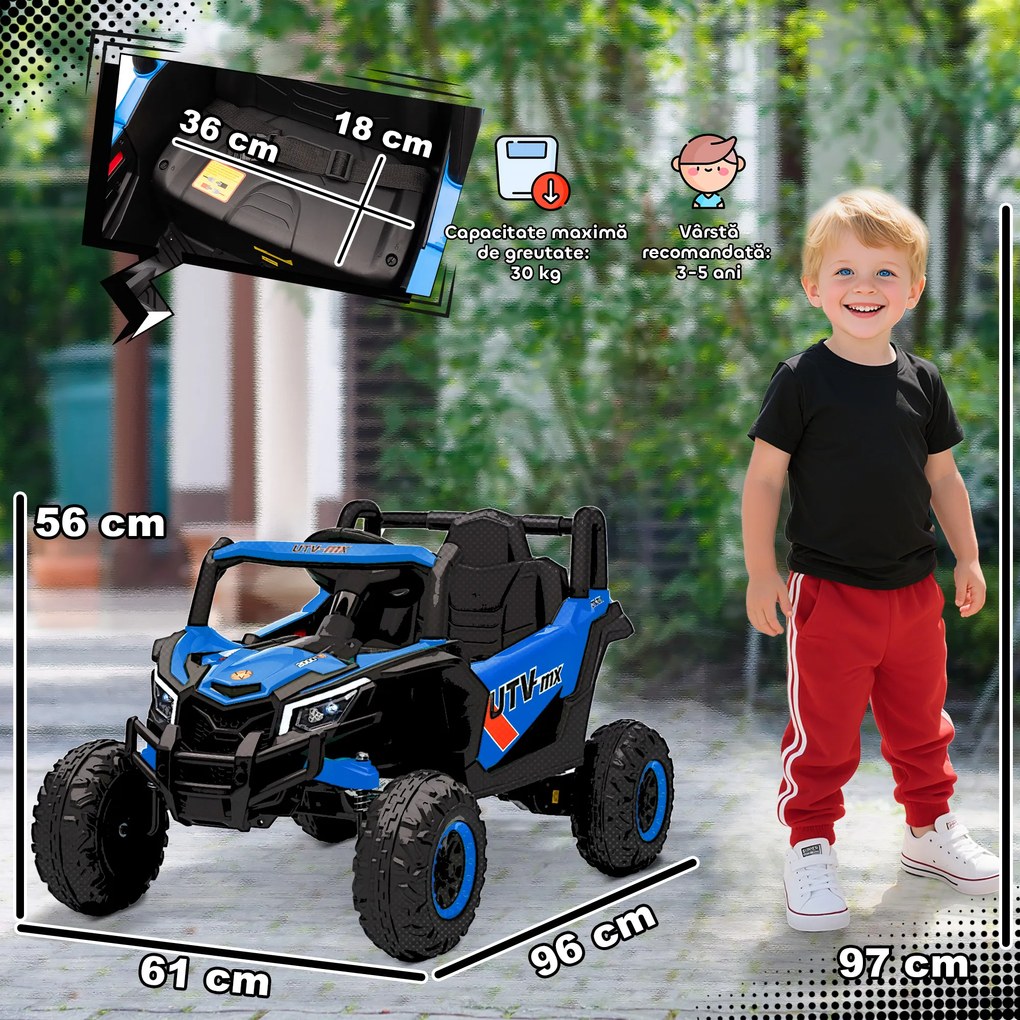 AIYAPLAY Mașină Electrică UTV pentru Copii 12V cu Centură, Telecomandă, Suspensii, USB, 3-7 km/h, 3-5 Ani, Albastru | Aosom Romania