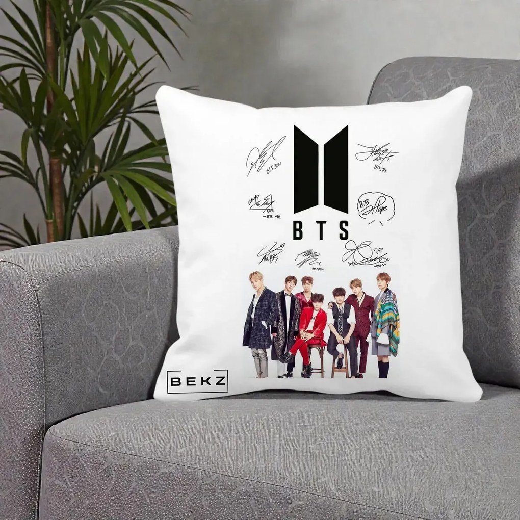 Perna Personalizata K-pop BTS Semnaturi Foto, 40x40 cm, Alba Mata, Husa Detasabila, Perna Inclusa, BEKZ®