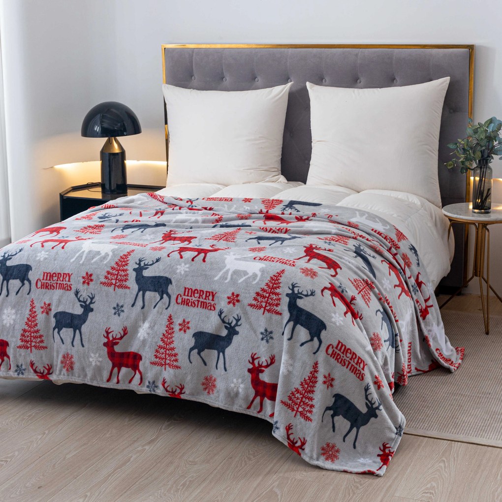 Patura de Craciun din microplus MERRY CHRISTMAS DEER gri Dimensiune: 200 x 220 cm