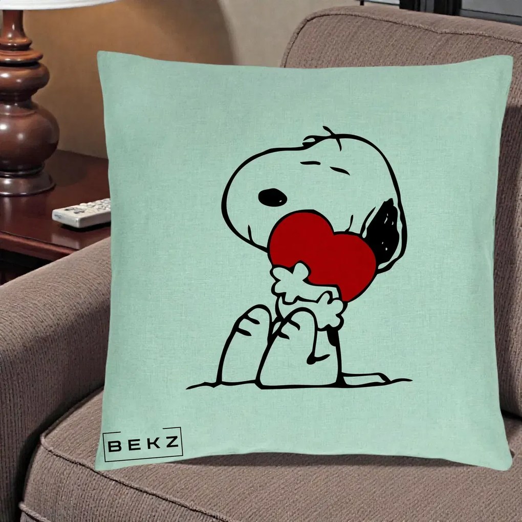 Perna Personalizata Snoopy cu Inima, 40x40 cm, Verde Menta, Husa Detasabila, Perna Inclusa, BEKZ®