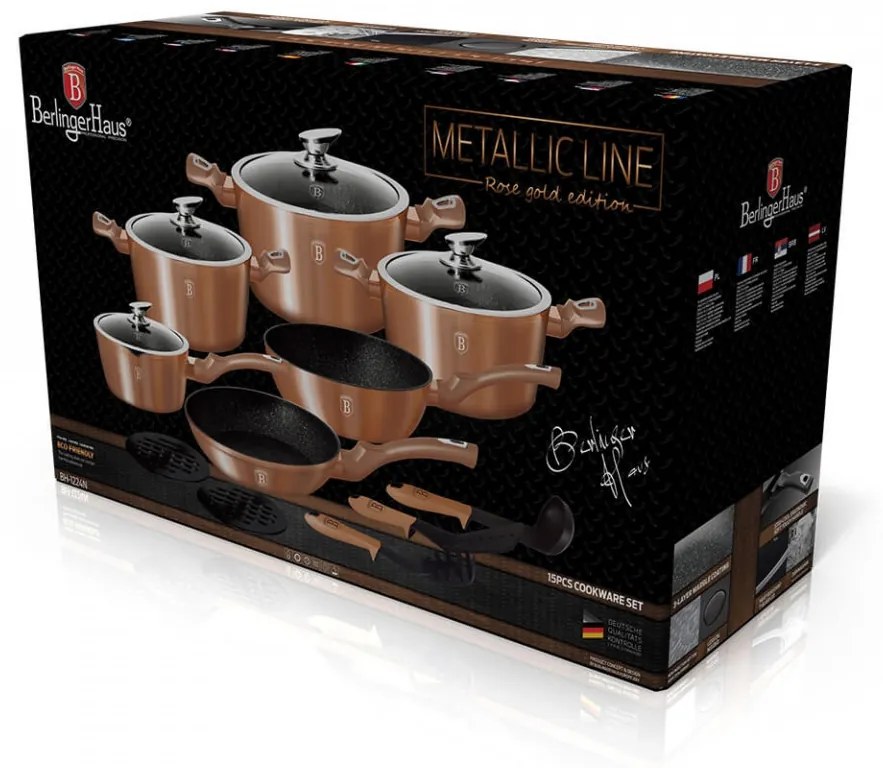 Set oale si tigai marmorate (15 piese) din aluminiu forjat Rose Gold (Cupru) Metalic Line Berlinger Haus BH 1224N