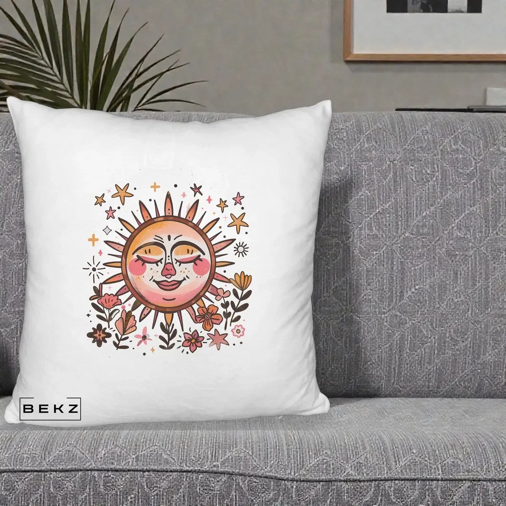 Perna Decorativa Soare Retro Boho Floral, 40x40 cm, Alb Pufos, Husa Detasabila, Perna Inclusa, BEKZ®
