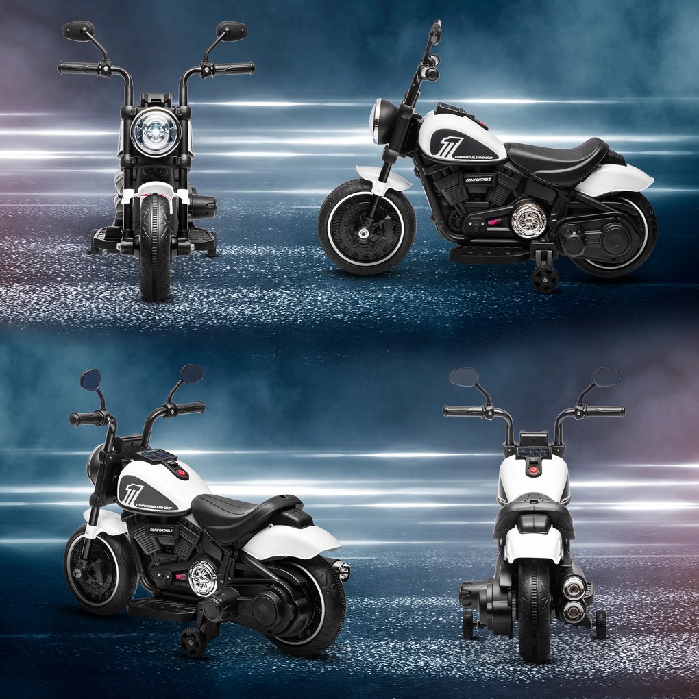 HOMCOM Motocicletă Electrică pentru Copii 18-36 Luni cu Roți Ajutătoare și Far, 76x42x57 cm, Alb și Negru | Aosom Romania