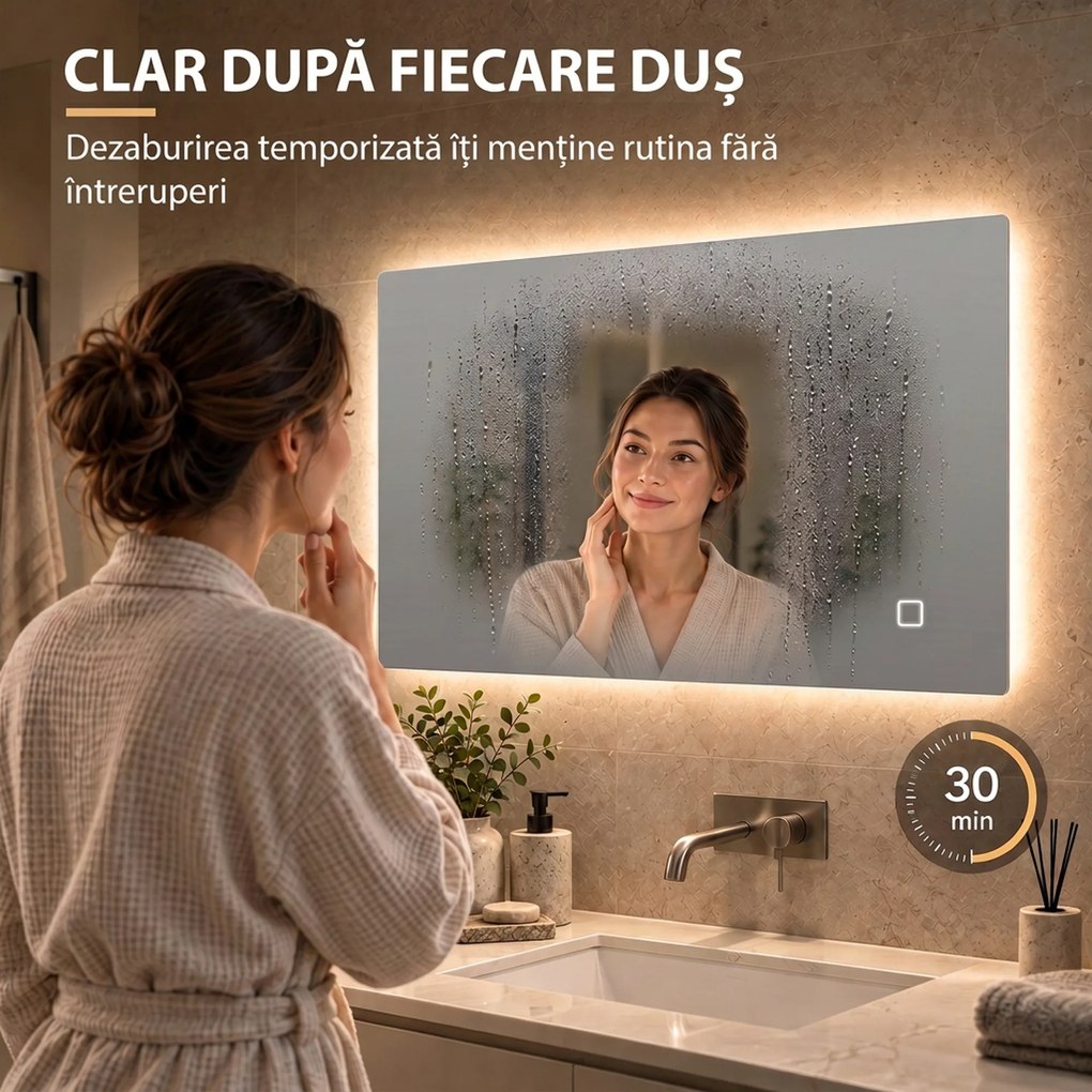 HOMCOM Oglindă de Baie cu LED 60x80 cm, 3 Culori, Intensitate Reglabilă, Memorie, Antiaburire, Comutator Tactil | Aosom Romania