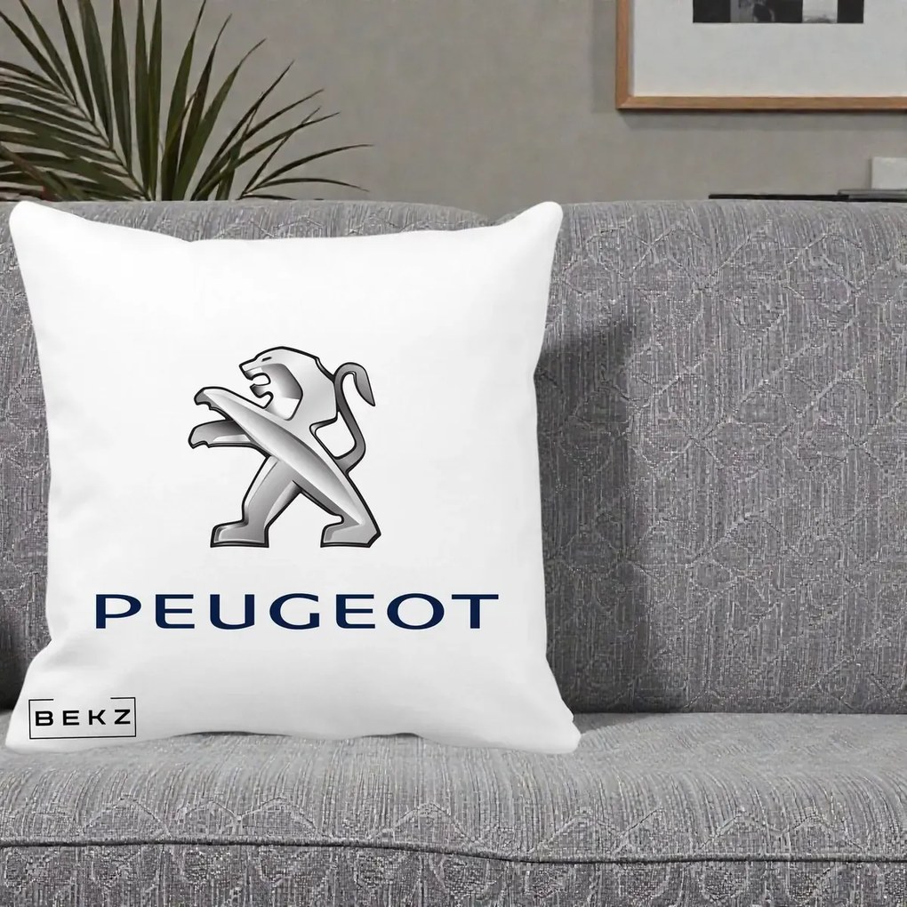 Perna Personalizata cu emblema Peugeot, 40x40 cm, Alba Mata, Husa Detasabila, Perna Inclusa, BEKZ®