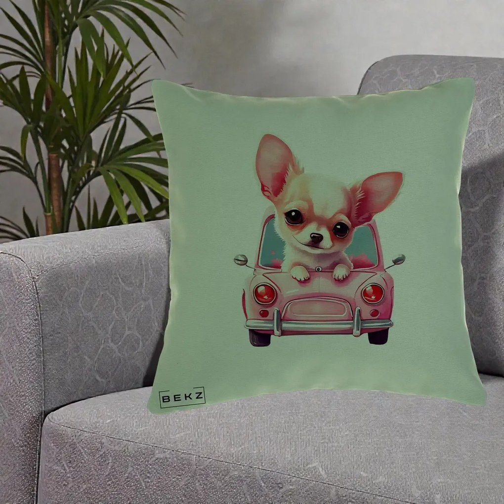 Perna Decorativa Chihuahua Roz in Masinuta, 40x40 cm, Verde, Husa Detasabila, Perna Inclusa, BEKZ®