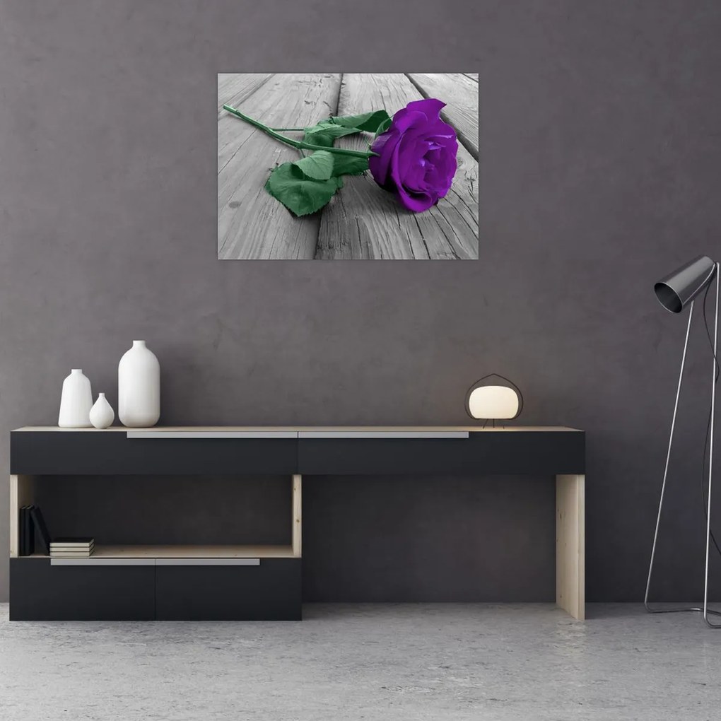 Tablou pe sticlă - Trandafir violet cu tulpina verde (70x50 cm)