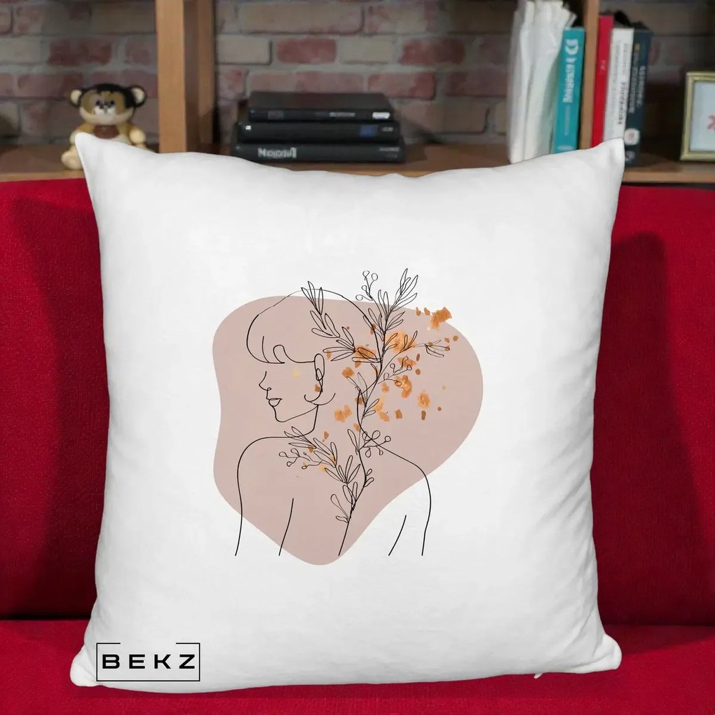 Perna Decorativa Femeie cu Flori Line Art Boho, 40x40 cm, Alb Pufos, Husa Detasabila, Perna Inclusa, BEKZ®