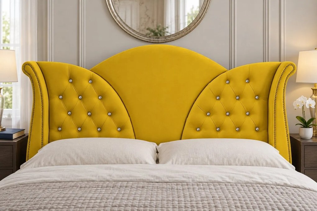 Pat tapițat Chesterfield din catifea Velora Cristal 140×200 cm, galben muștar, cu ladă de depozitare