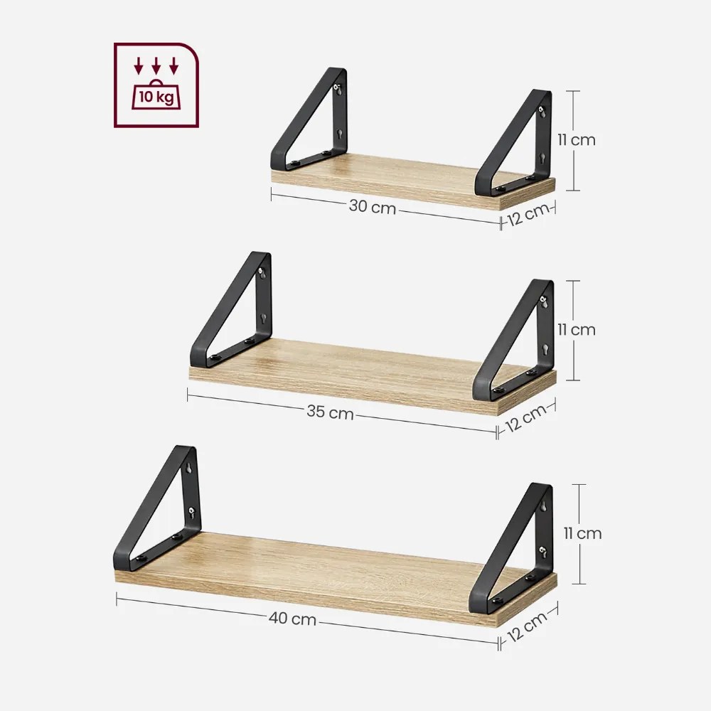 Polițe de perete cu console ABBY, 3 bucăți, 30/35/40x12cm, maro deschis Vasagle