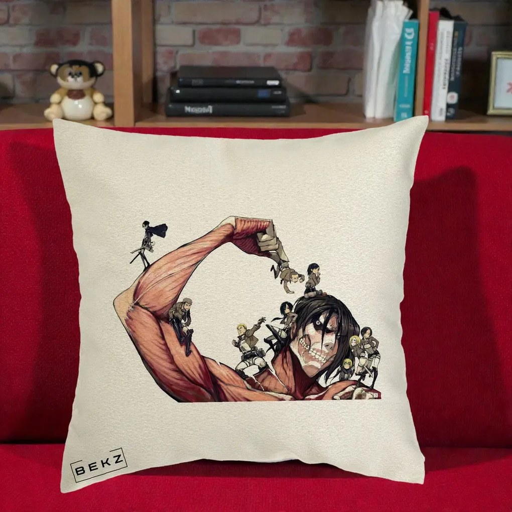 Perna Personalizata Attack on Titan Eren Titan Grup, 40x40 cm, Ecru, Husa Detasabila, Perna Inclusa, BEKZ®