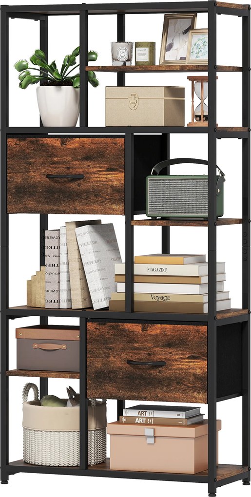 HOMCOM Raft de depozitare, 2 sertare textile, 9 compartimente deschise, raft independent cu cadru din oțel, Maro+Negru | Aosom Romania