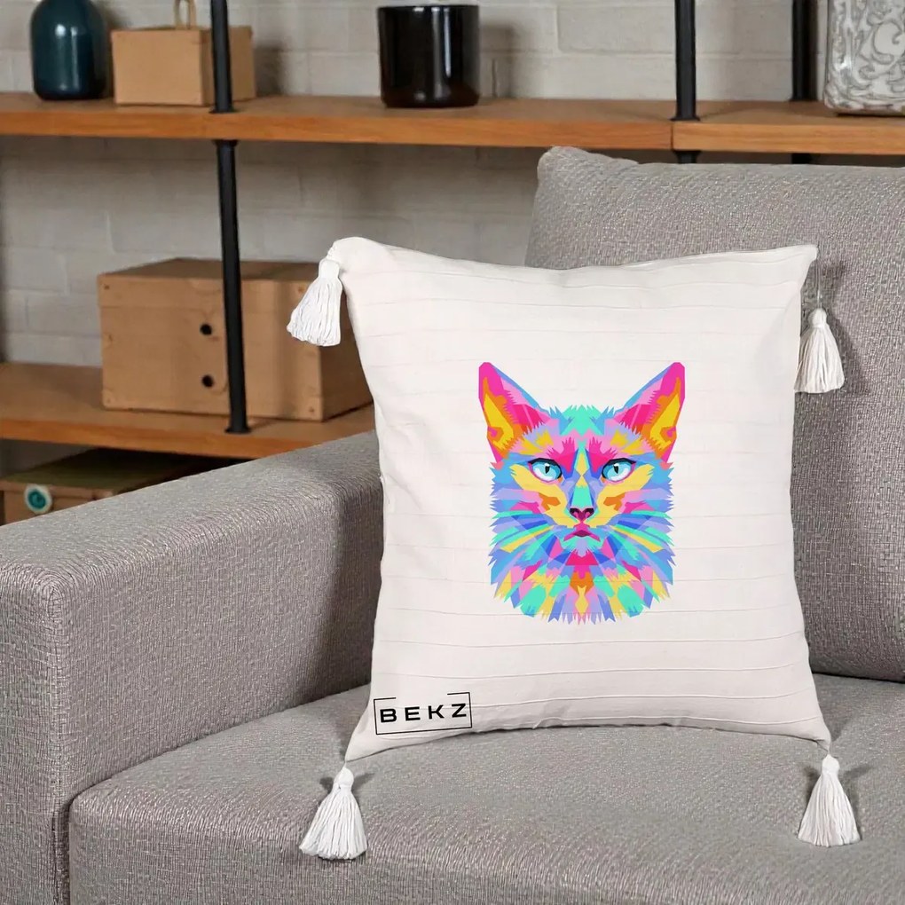 Perna Decorativa Pisica Pop Art Multicolor, 40x40 cm, Bej cu Franjuri, Husa Detasabila, Perna Inclusa, BEKZ®