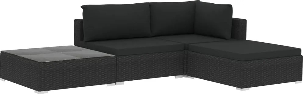 vidaXL Set mobilier de grădină cu perne, 4 piese, negru, poliratan