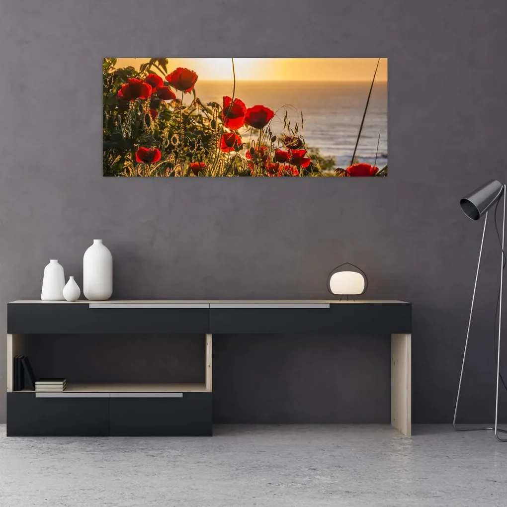 Tablou cu apus de soare cu flori de maci (120x50 cm), în 40 de alte dimensiuni noi