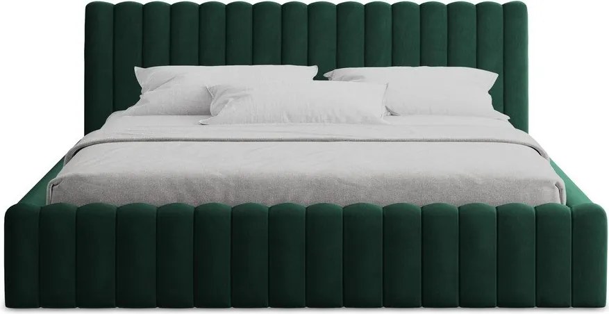 Pat matrimonial verde închis tapițat cu spațiu de depozitare cu somieră 160x200 cm Lemi – Makamii
