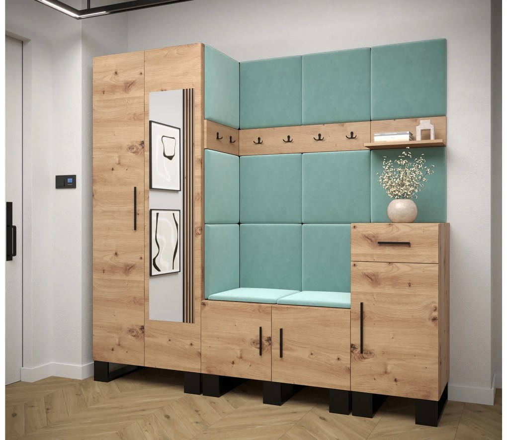 Set mobilier pentru hol Amanda 13 (Stejar artisan + verde). 1085967