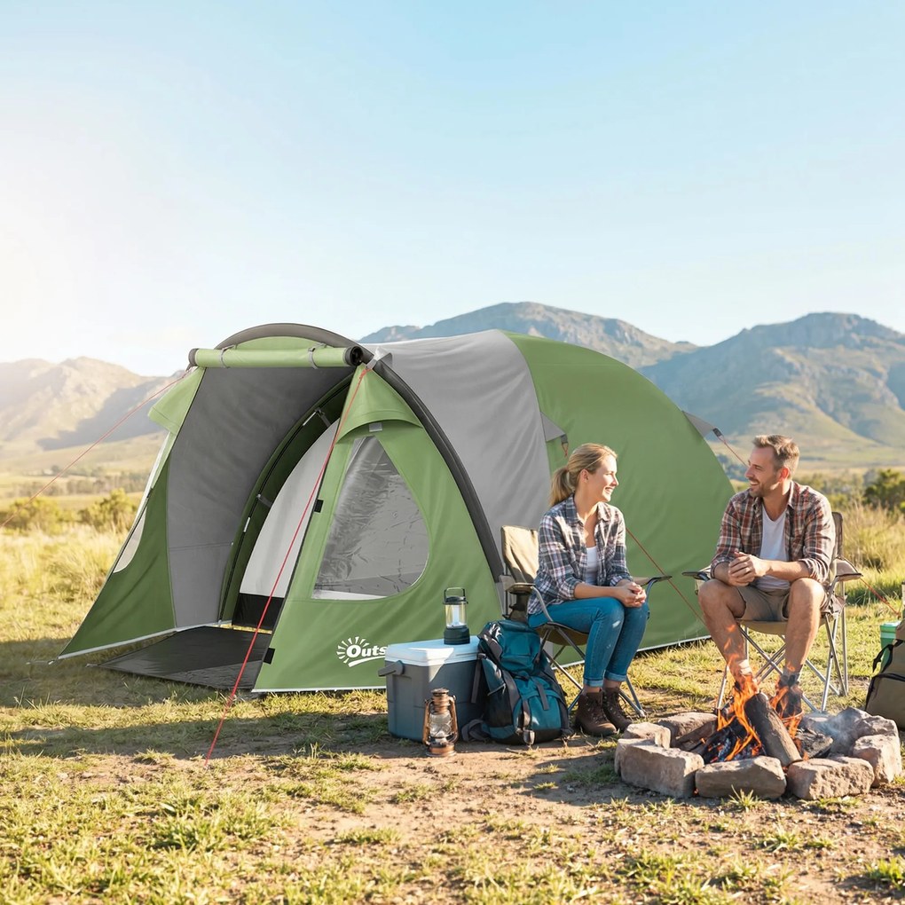 Outsunny Cort de Camping pentru 4 Persoane, 2 Camere, Ferestre și Uși, Preș de Sol, Cârlig în Tavan, 323x248x150cm, Verde | Aosom Romania
