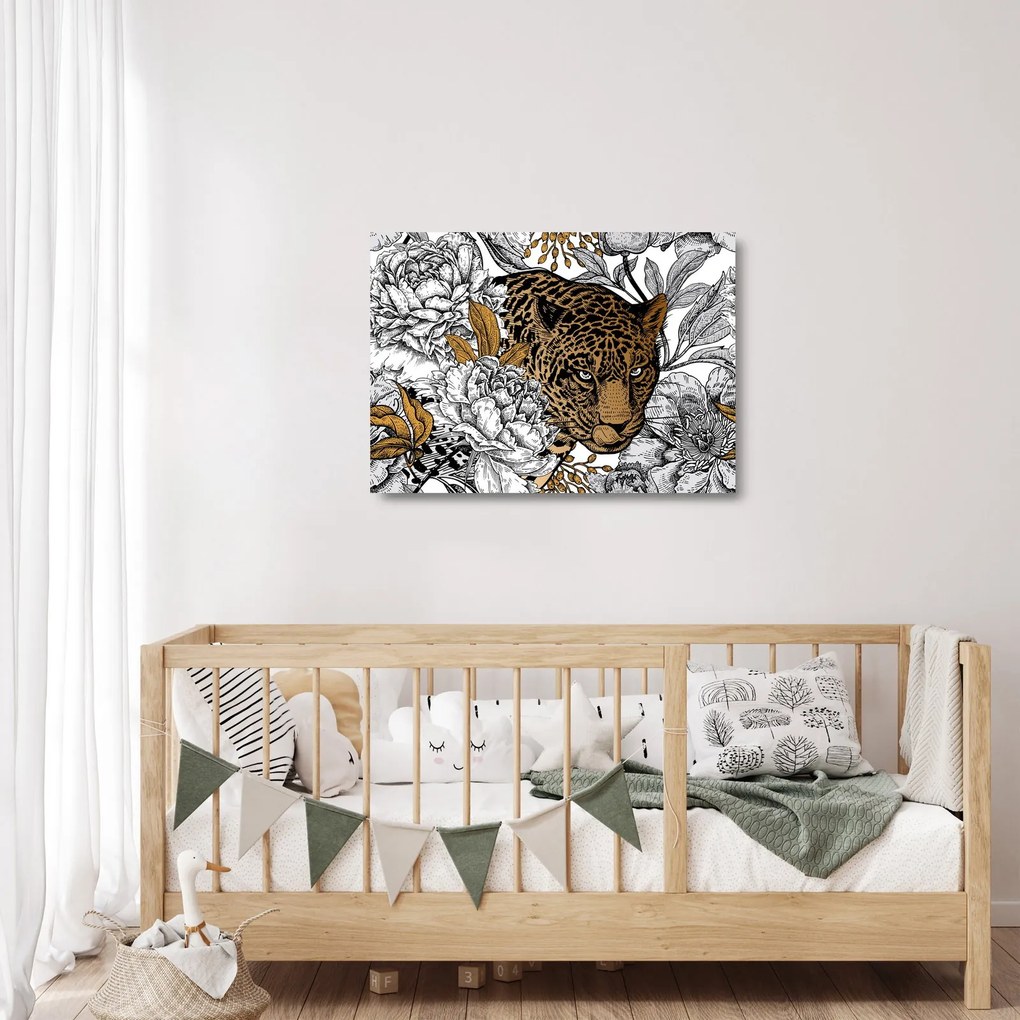 Tablou pe sticlă - Leopard între flori (70x50 cm)