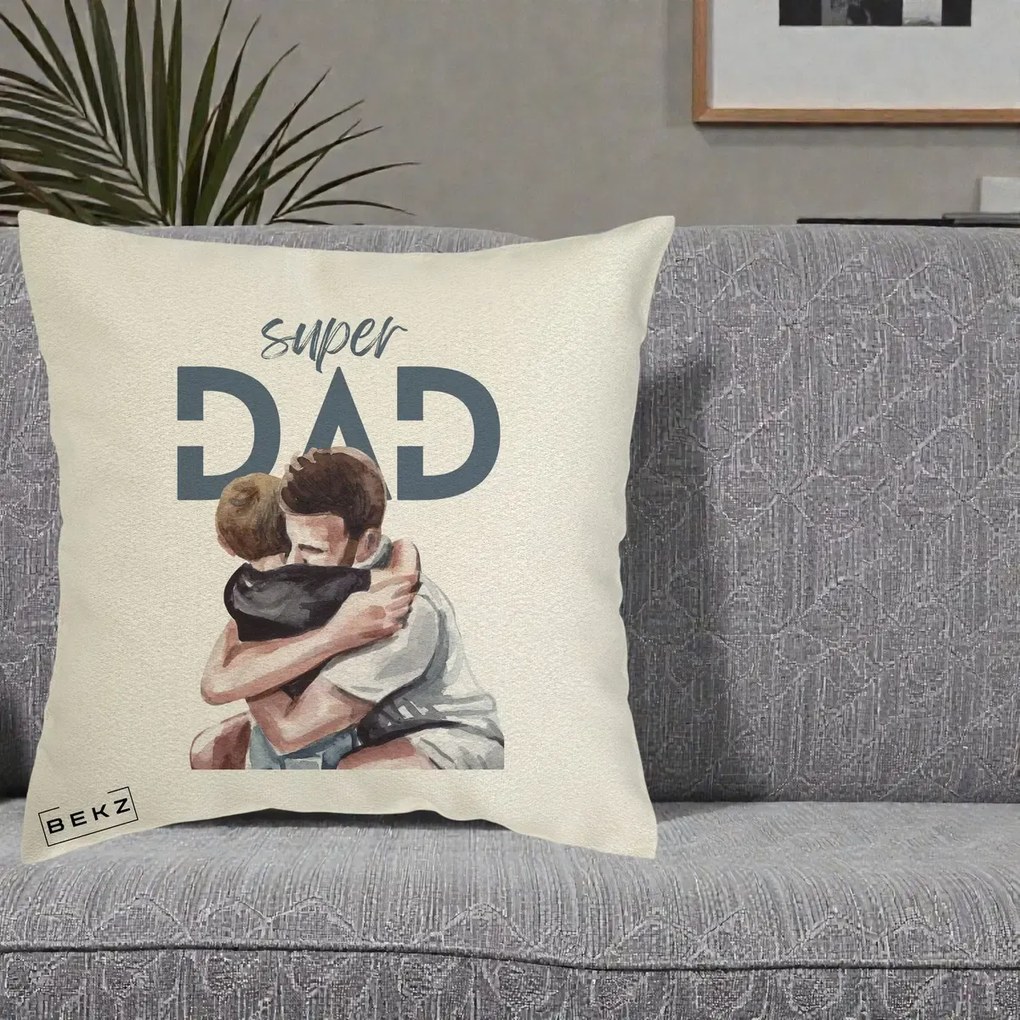 Cadou pentru Tata - Perna Personalizata Super Dad Tata si Fiu Imbratisare, 40x40 cm, Ecru, Husa Detasabila, Perna Inclusa, BEKZ®