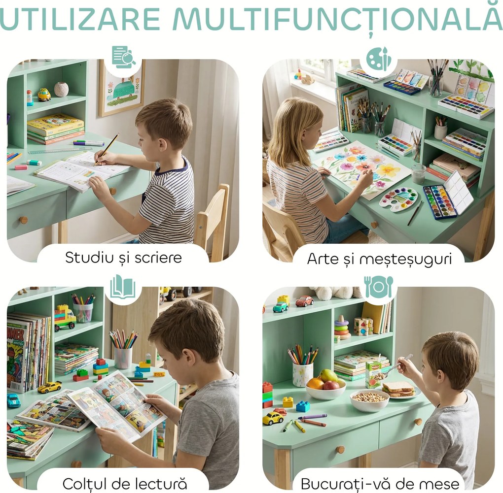 AIYAPLAY Birou pentru Copii cu 3 Compartimente și 2 Sertare, Birou din Lemn cu Spații pentru Cărți și Jucării, Banc de Școală pentru Studiu și Desen pentru Copii 5-12 Ani, Verde | Aosom Romania