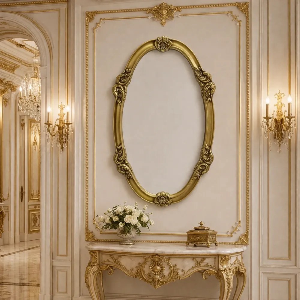 Oglindă decorativă de perete, ramă aurie antichizată, 90 x 55 cm