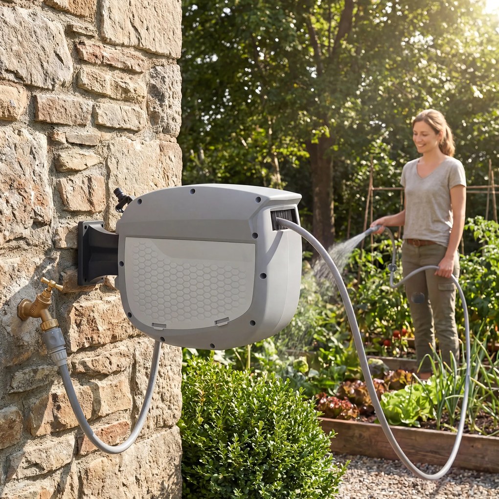 Outsunny Bobină furtun retractabil 10+1 m cu duză 2 moduri blocare automată și retragere controlată suport gri | Aosom Romania
