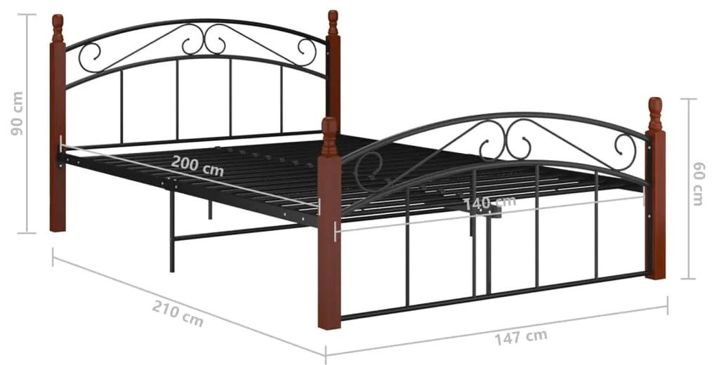 Cadru de pat, negru, 140x200 cm, metal si lemn masiv de stejar Maro inchis, 140 x 200 cm