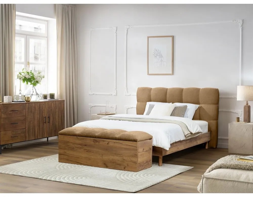 Pat matrimonial bej tapițat cu somieră 180x200 cm Kumo – Bobochic Paris