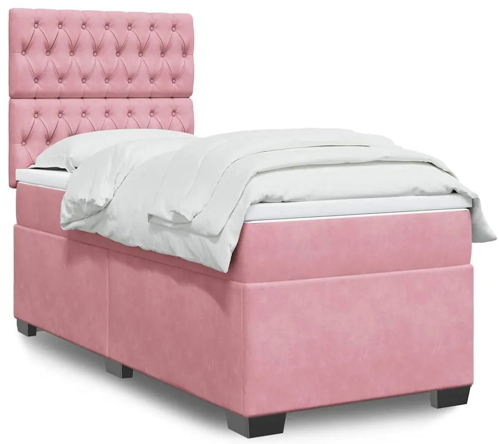 vidaXL Pat box spring cu saltea, roz, 90x190 cm, catifea