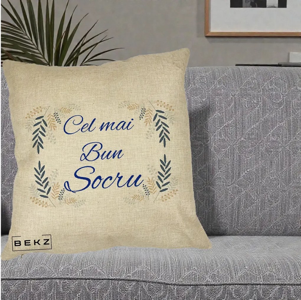 Cadou pentru Socru - Perna Personalizata Cel mai Bun Socru cu Ramuri Frunze Albastre si Aurii, 40x40 cm, Crem, Husa Detasabila, Perna Inclusa, BEKZ®