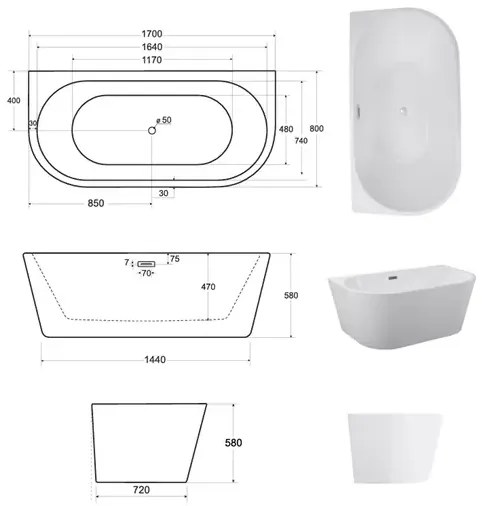 Cada freestanding BTW Besco Vica 170x80 cm alb