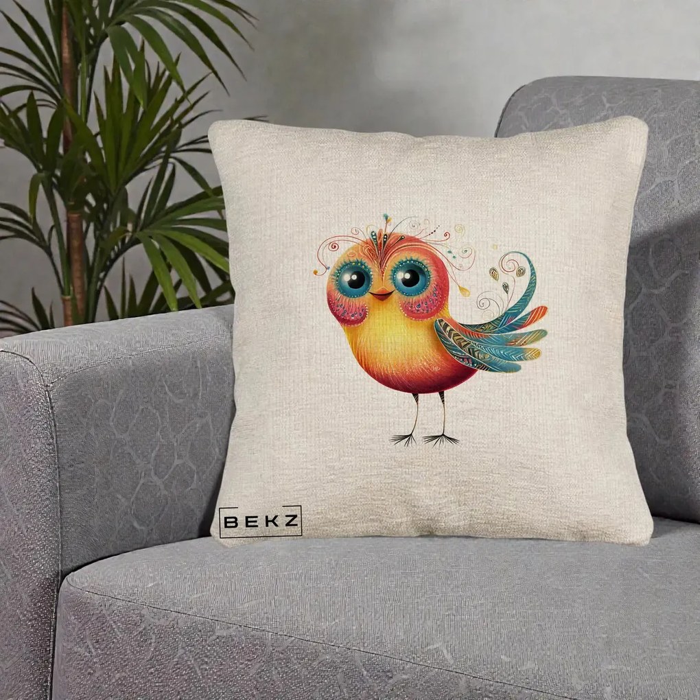 Perna Decorativa Pasare Vibranta cu Aripi Ornamentale, 40x40 cm, Bej Canapea, Husa Detasabila, Perna Inclusa, BEKZ®