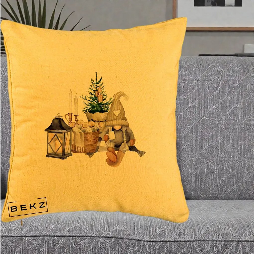 Perna Decorativa Gnom Scandinav cu Felinar, 40x40 cm, Galben, Husa Detasabila, Perna Inclusa, BEKZ®