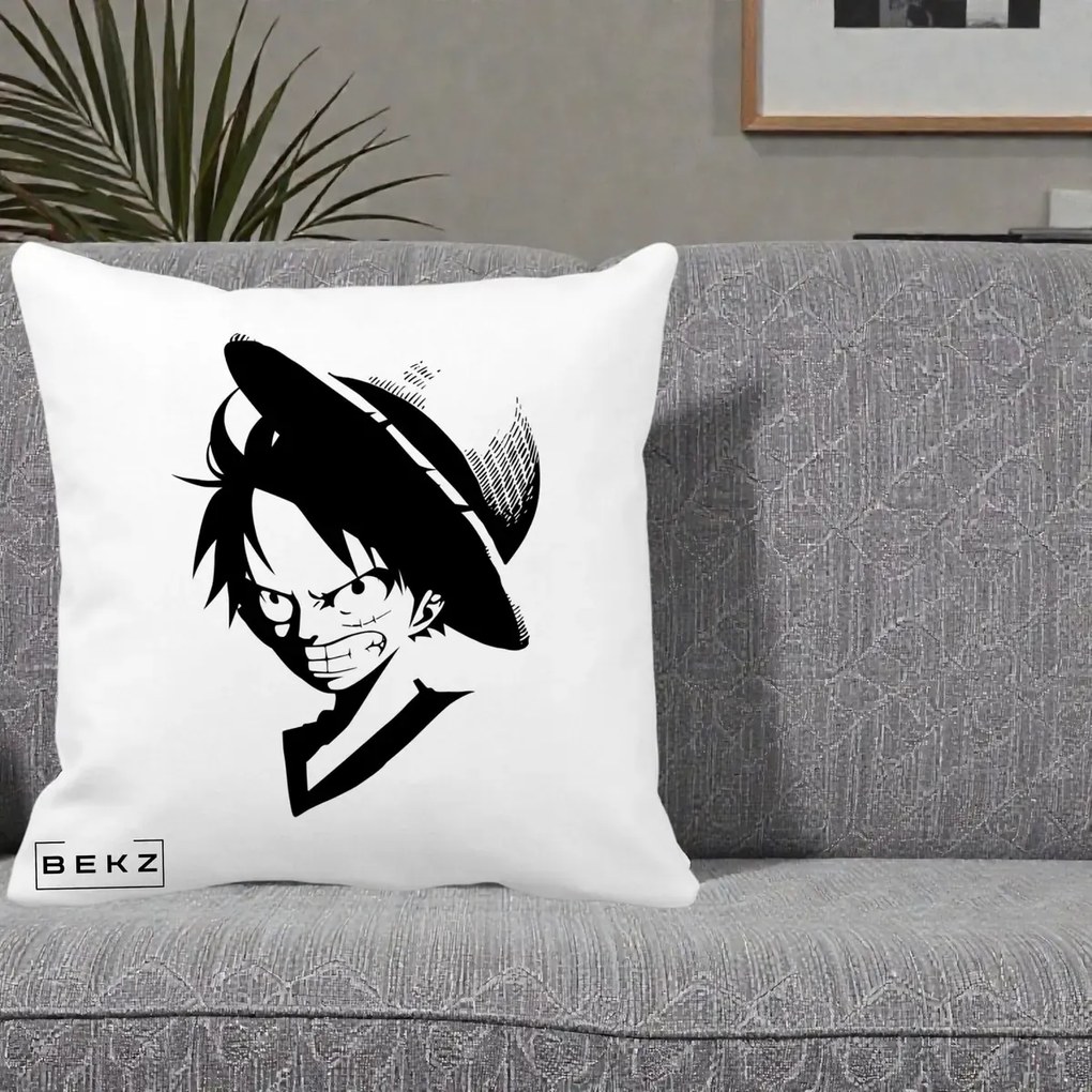 Perna Personalizata One Piece Luffy Silueta Alb-Negru, 40x40 cm, Alba Mata, Husa Detasabila, Perna Inclusa, BEKZ®