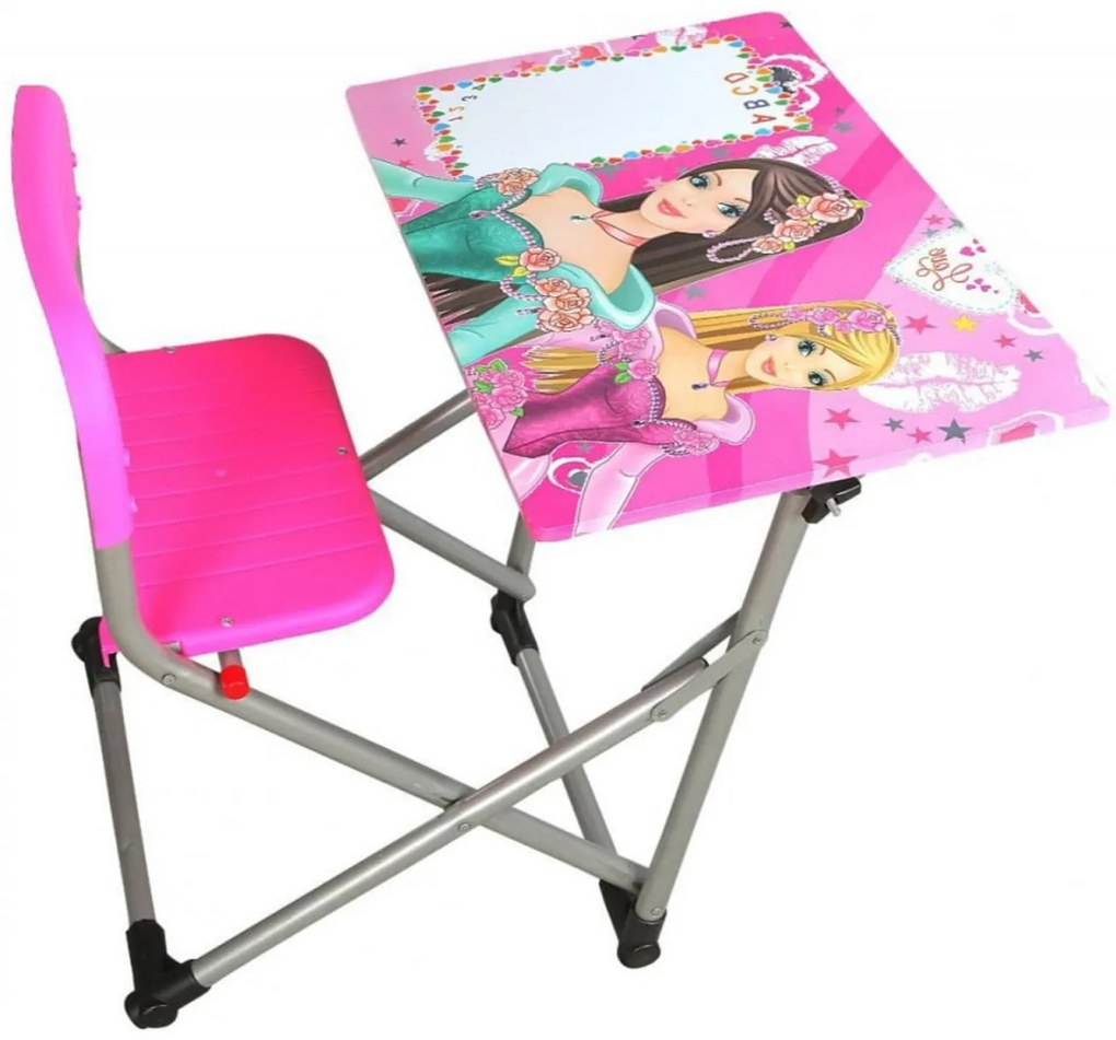 Birou pliabil pentru copii Novokids™ My first school desk, Din MDF, dimensiuni 70X60X66 cm, Cadru metalic, Banca scolara, Model Printese, Roz